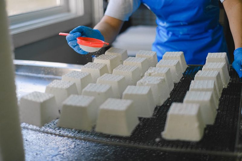 Worker making cheese at a dairy workshop