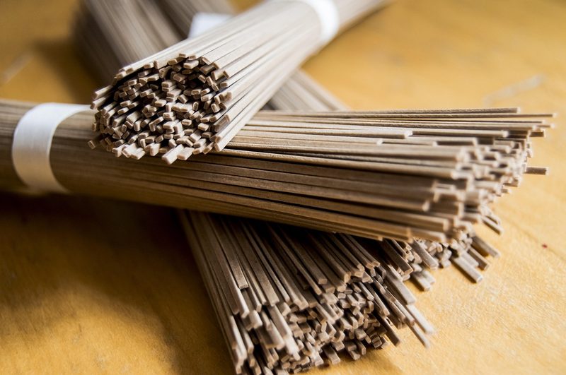 Traditional Japanese soba noodles served on a bamboo mat
