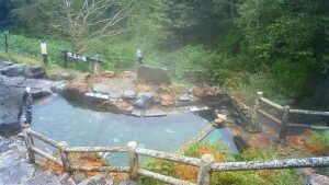 Outdoor rotenburo bath at Fukiage Onsen in Kamifurano, Hokkaido