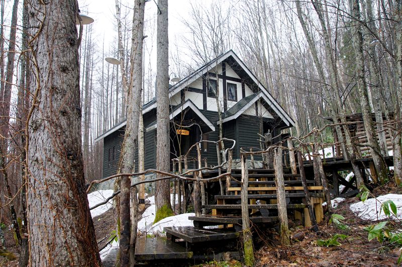 Log cabin Forest Clock Cafe surrounded by trees near Ningle Terrace in Furano