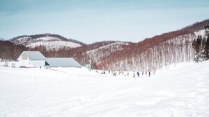 Snow-covered mountains in central Hokkaido Powder Belt region