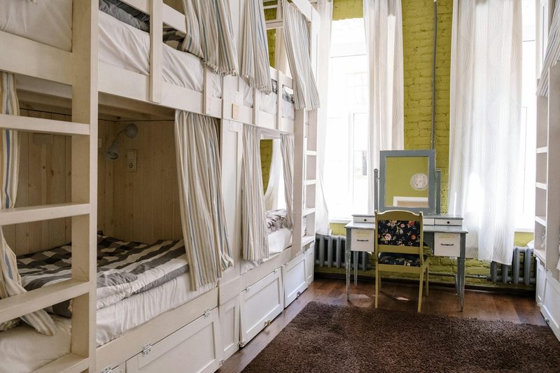 Clean hostel dormitory room with bunk beds for budget travelers